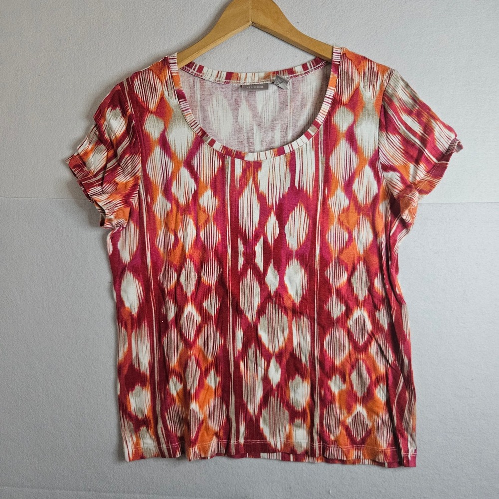 Chicos Red‎ Orange Ikat Diamond Print Cotton Scoop Neck Short Sleeve Tee Size 2